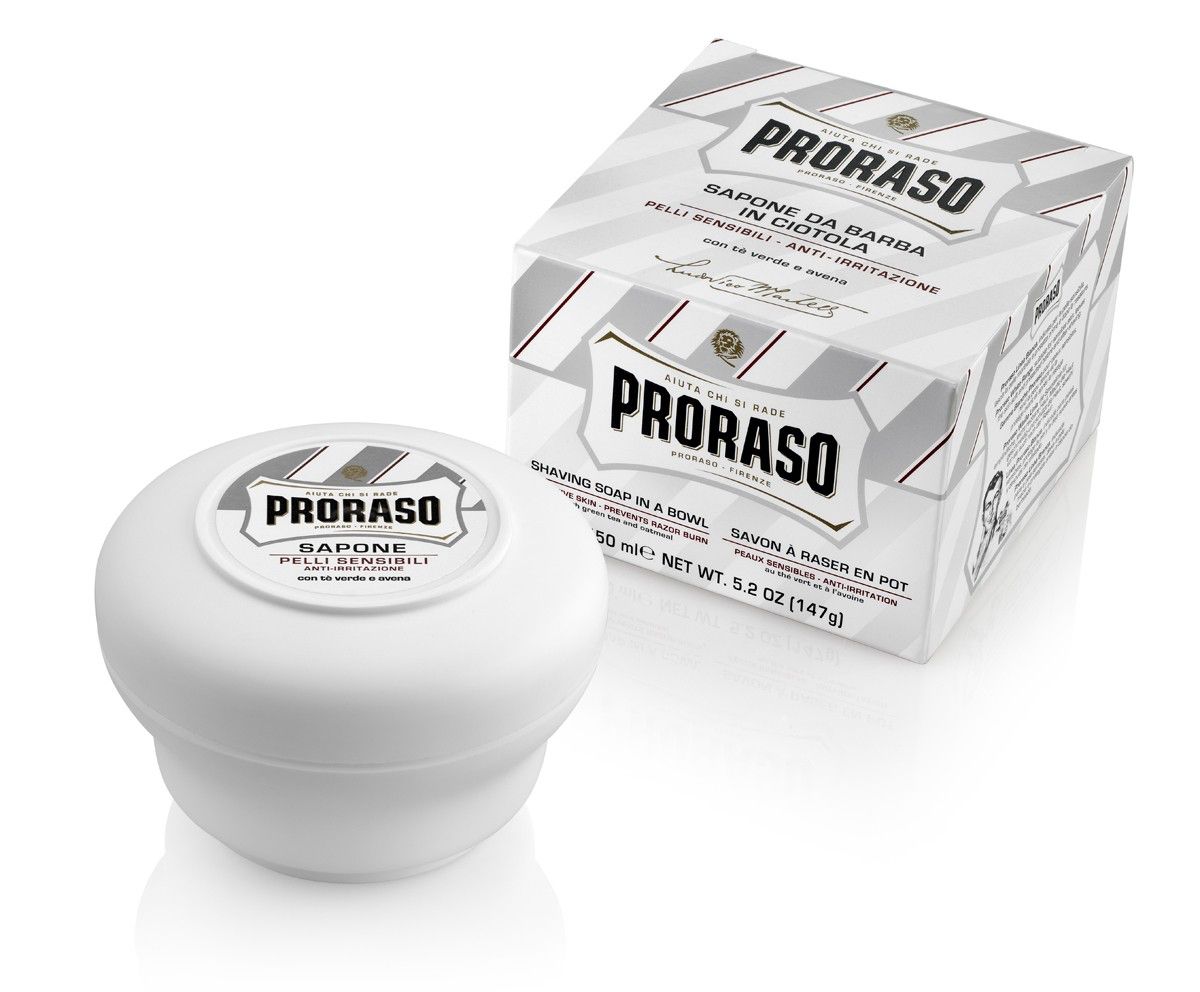 Opakowanie mydła Proraso Sapone Pelli Sensibili – linia biała (white line)